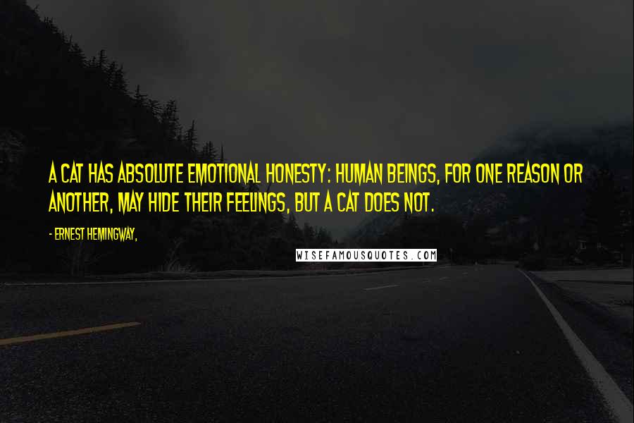 Ernest Hemingway, Quotes: A cat has absolute emotional honesty: human beings, for one reason or another, may hide their feelings, but a cat does not.