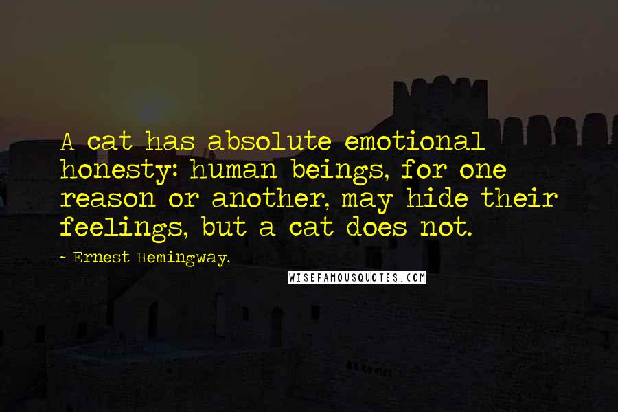 Ernest Hemingway, Quotes: A cat has absolute emotional honesty: human beings, for one reason or another, may hide their feelings, but a cat does not.