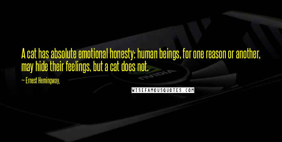 Ernest Hemingway, Quotes: A cat has absolute emotional honesty: human beings, for one reason or another, may hide their feelings, but a cat does not.