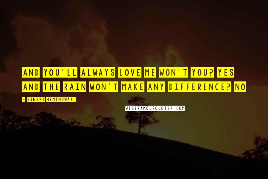 Ernest Hemingway, Quotes: And you'll always love me won't you? Yes And the rain won't make any difference? No