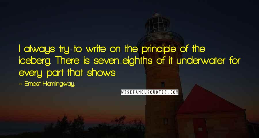 Ernest Hemingway, Quotes: I always try to write on the principle of the iceberg. There is seven-eighths of it underwater for every part that shows.