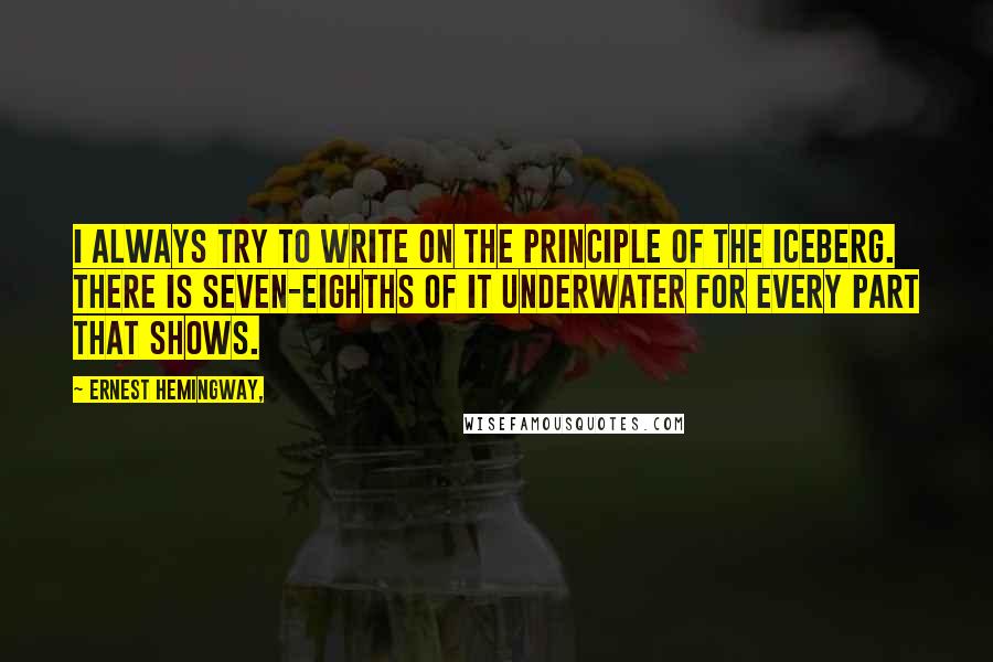 Ernest Hemingway, Quotes: I always try to write on the principle of the iceberg. There is seven-eighths of it underwater for every part that shows.