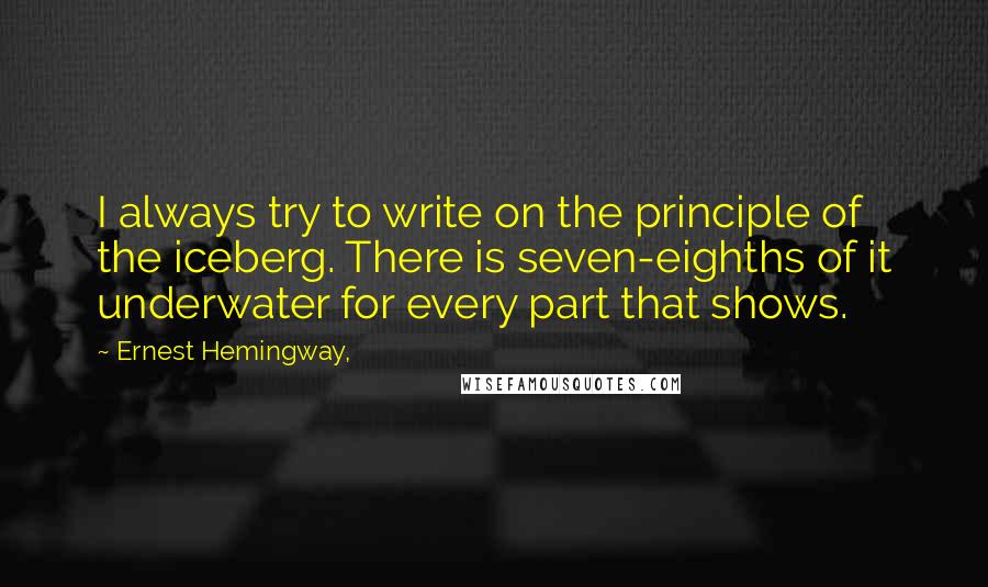 Ernest Hemingway, Quotes: I always try to write on the principle of the iceberg. There is seven-eighths of it underwater for every part that shows.