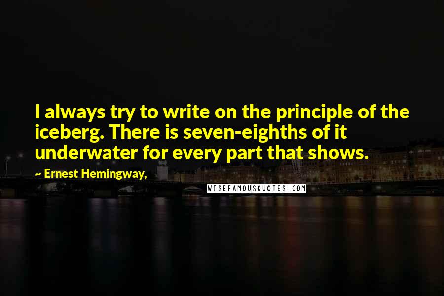 Ernest Hemingway, Quotes: I always try to write on the principle of the iceberg. There is seven-eighths of it underwater for every part that shows.