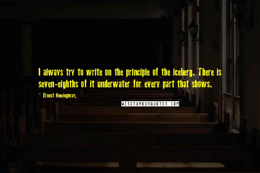 Ernest Hemingway, Quotes: I always try to write on the principle of the iceberg. There is seven-eighths of it underwater for every part that shows.