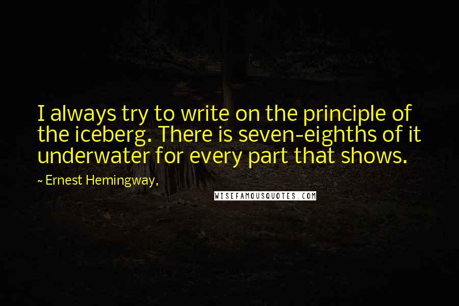 Ernest Hemingway, Quotes: I always try to write on the principle of the iceberg. There is seven-eighths of it underwater for every part that shows.