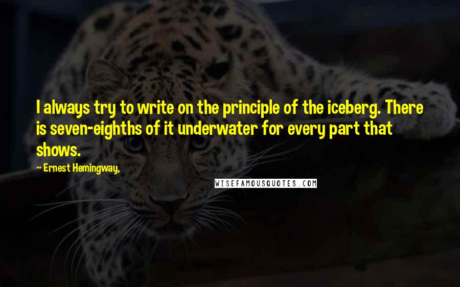 Ernest Hemingway, Quotes: I always try to write on the principle of the iceberg. There is seven-eighths of it underwater for every part that shows.