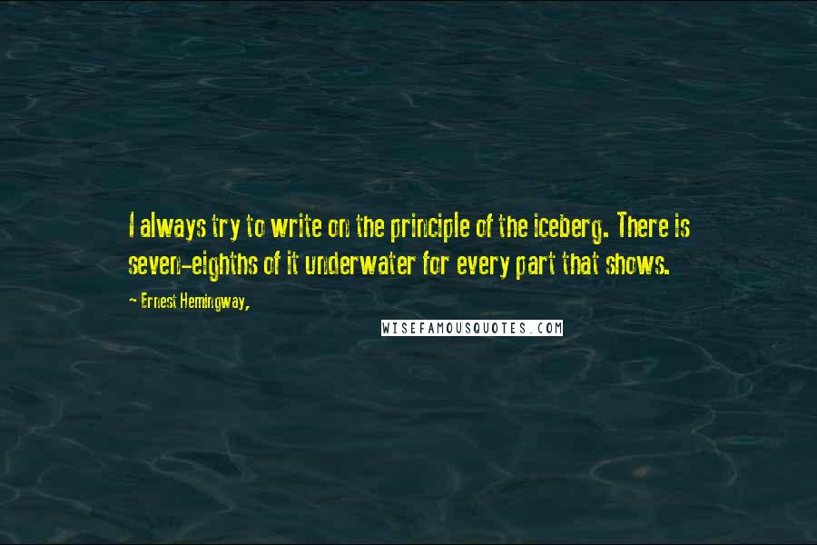 Ernest Hemingway, Quotes: I always try to write on the principle of the iceberg. There is seven-eighths of it underwater for every part that shows.