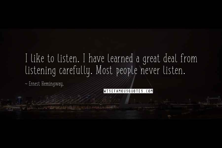 Ernest Hemingway, Quotes: I like to listen. I have learned a great deal from listening carefully. Most people never listen.