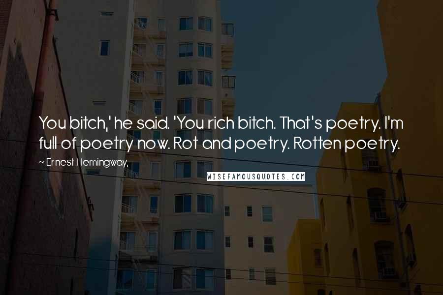 Ernest Hemingway, Quotes: You bitch,' he said. 'You rich bitch. That's poetry. I'm full of poetry now. Rot and poetry. Rotten poetry.