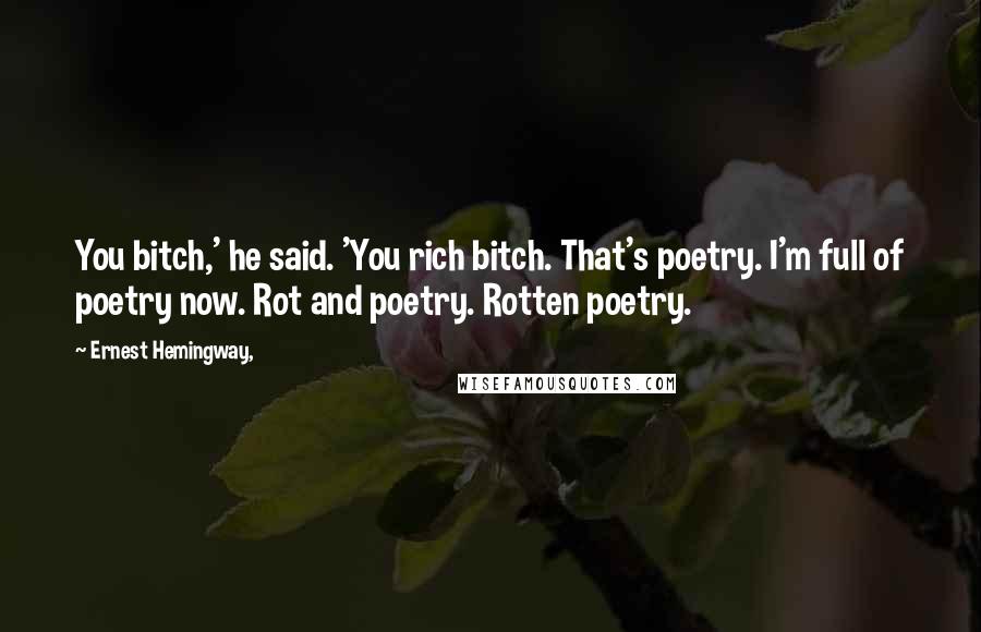 Ernest Hemingway, Quotes: You bitch,' he said. 'You rich bitch. That's poetry. I'm full of poetry now. Rot and poetry. Rotten poetry.