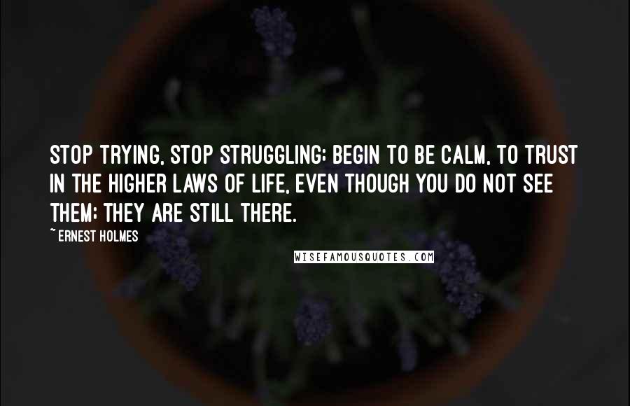 Ernest Holmes Quotes: Stop trying, stop struggling; begin to be calm, to trust in the higher laws of life, even though you do not see them; they are still there.