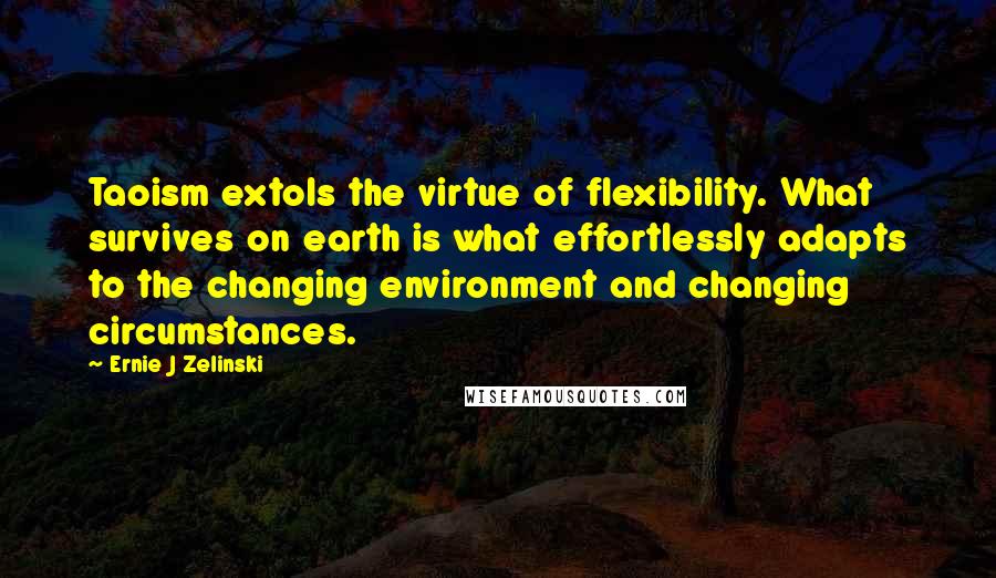 Ernie J Zelinski Quotes: Taoism extols the virtue of flexibility. What survives on earth is what effortlessly adapts to the changing environment and changing circumstances.