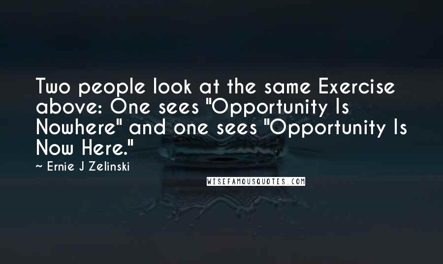 Ernie J Zelinski Quotes: Two people look at the same Exercise above: One sees "Opportunity Is Nowhere" and one sees "Opportunity Is Now Here."