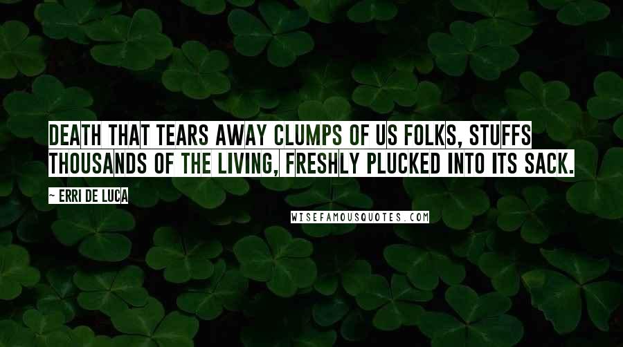 Erri De Luca Quotes: Death that tears away clumps of us folks, stuffs thousands of the living, freshly plucked into its sack.