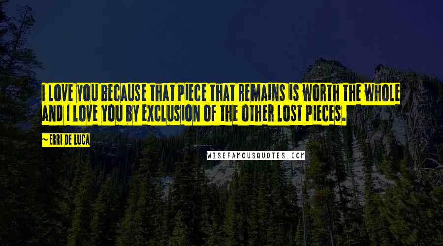 Erri De Luca Quotes: I love you because that piece that remains is worth the whole and I love you by exclusion of the other lost pieces.