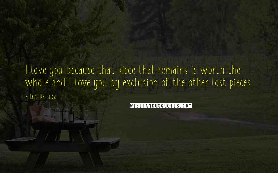 Erri De Luca Quotes: I love you because that piece that remains is worth the whole and I love you by exclusion of the other lost pieces.