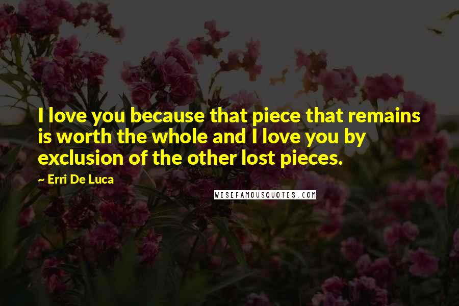 Erri De Luca Quotes: I love you because that piece that remains is worth the whole and I love you by exclusion of the other lost pieces.