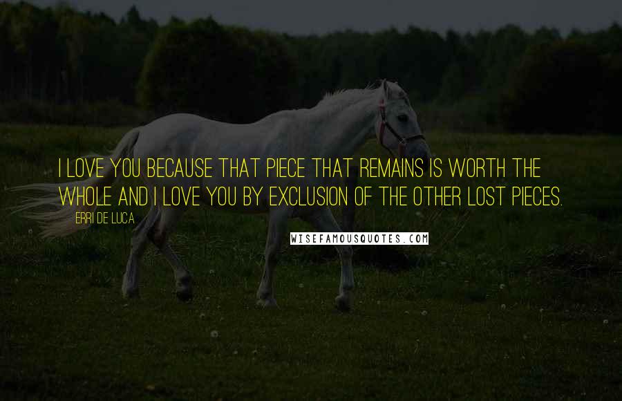 Erri De Luca Quotes: I love you because that piece that remains is worth the whole and I love you by exclusion of the other lost pieces.