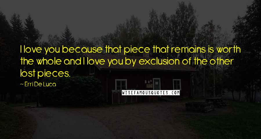 Erri De Luca Quotes: I love you because that piece that remains is worth the whole and I love you by exclusion of the other lost pieces.