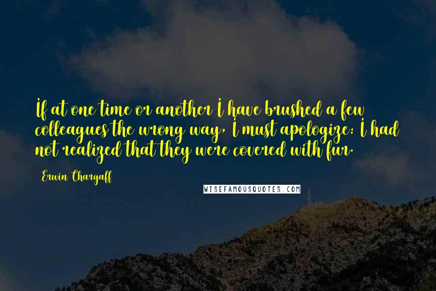 Erwin Chargaff Quotes: If at one time or another I have brushed a few colleagues the wrong way, I must apologize: I had not realized that they were covered with fur.