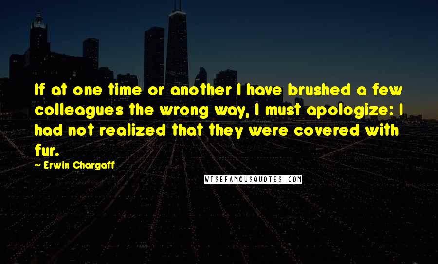 Erwin Chargaff Quotes: If at one time or another I have brushed a few colleagues the wrong way, I must apologize: I had not realized that they were covered with fur.