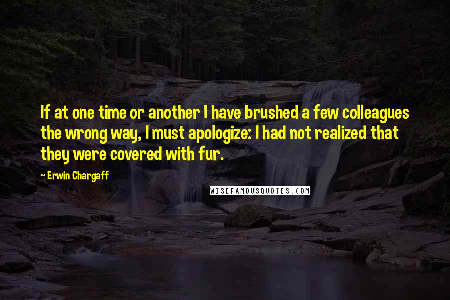 Erwin Chargaff Quotes: If at one time or another I have brushed a few colleagues the wrong way, I must apologize: I had not realized that they were covered with fur.