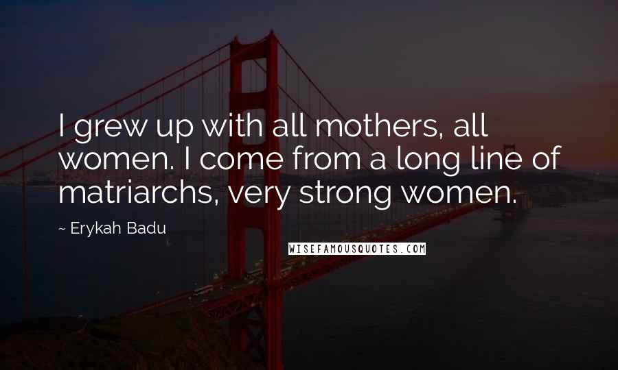 Erykah Badu Quotes: I grew up with all mothers, all women. I come from a long line of matriarchs, very strong women.