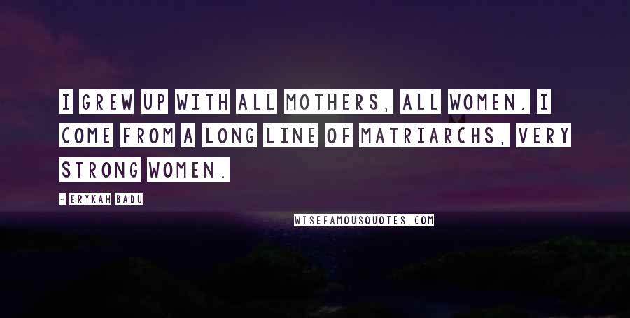 Erykah Badu Quotes: I grew up with all mothers, all women. I come from a long line of matriarchs, very strong women.