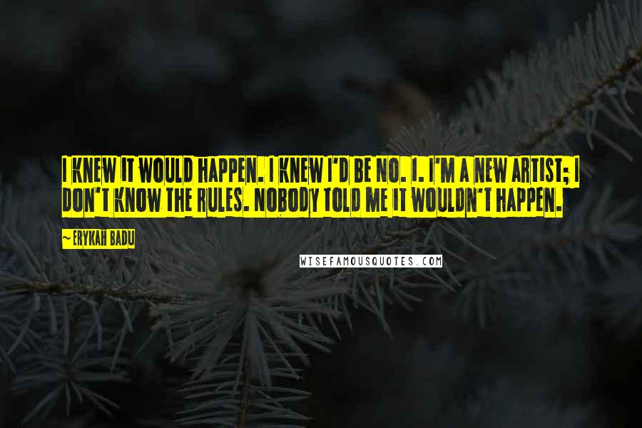 Erykah Badu Quotes: I knew it would happen. I knew I'd be No. 1. I'm a new artist; I don't know the rules. Nobody told me it wouldn't happen.