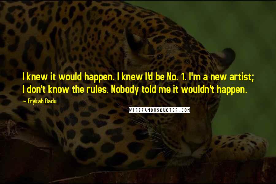 Erykah Badu Quotes: I knew it would happen. I knew I'd be No. 1. I'm a new artist; I don't know the rules. Nobody told me it wouldn't happen.