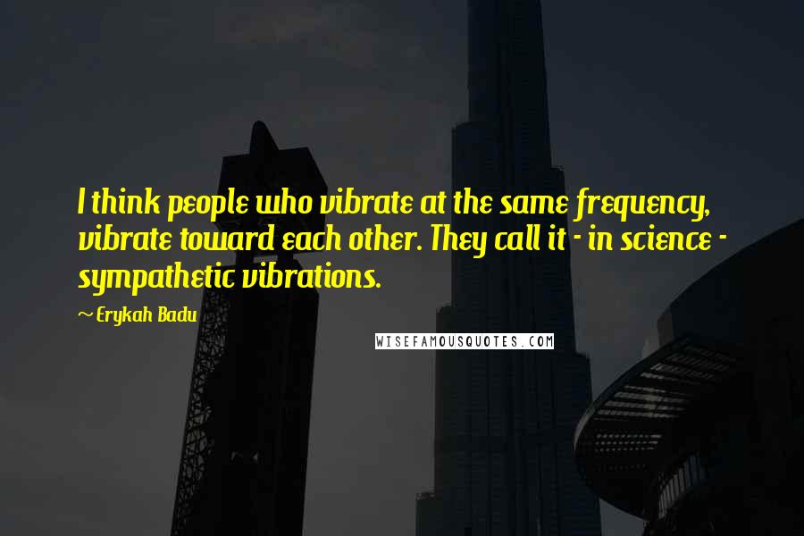 Erykah Badu Quotes: I think people who vibrate at the same frequency, vibrate toward each other. They call it - in science - sympathetic vibrations.