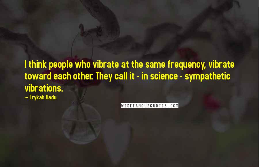 Erykah Badu Quotes: I think people who vibrate at the same frequency, vibrate toward each other. They call it - in science - sympathetic vibrations.