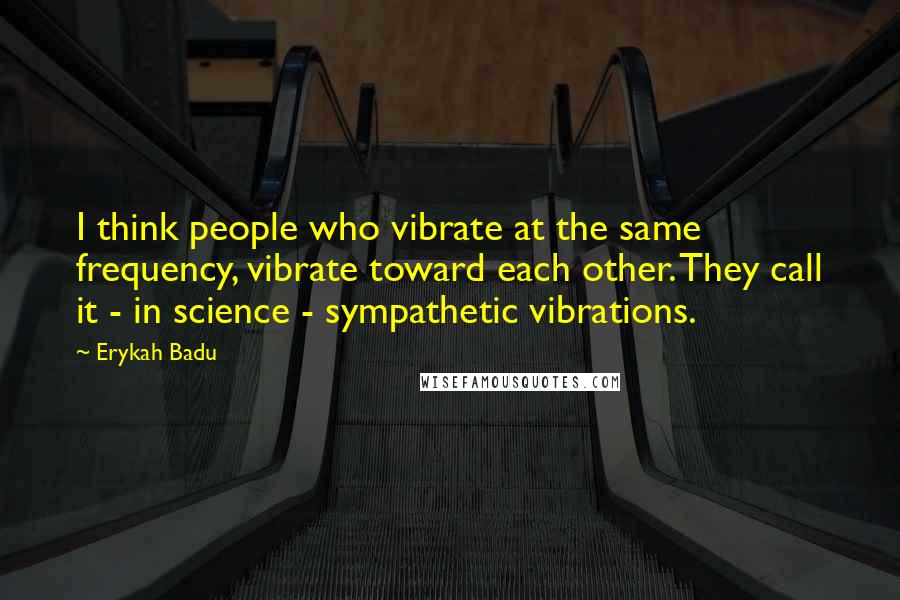 Erykah Badu Quotes: I think people who vibrate at the same frequency, vibrate toward each other. They call it - in science - sympathetic vibrations.