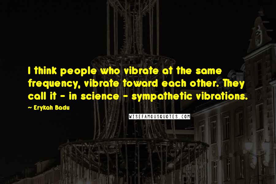 Erykah Badu Quotes: I think people who vibrate at the same frequency, vibrate toward each other. They call it - in science - sympathetic vibrations.