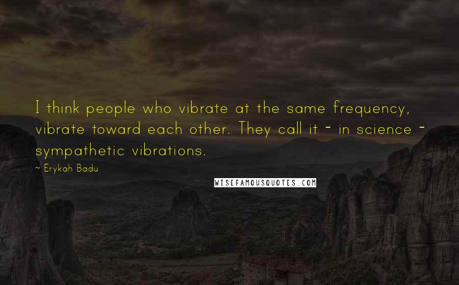 Erykah Badu Quotes: I think people who vibrate at the same frequency, vibrate toward each other. They call it - in science - sympathetic vibrations.