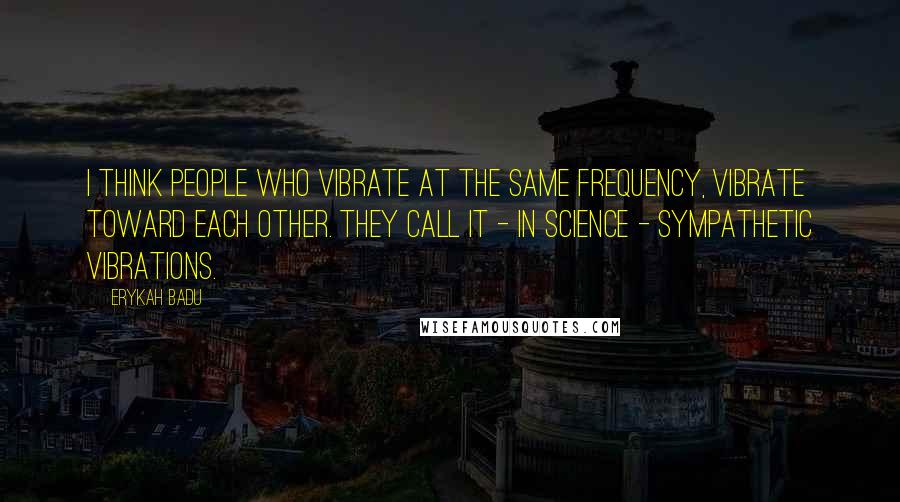 Erykah Badu Quotes: I think people who vibrate at the same frequency, vibrate toward each other. They call it - in science - sympathetic vibrations.