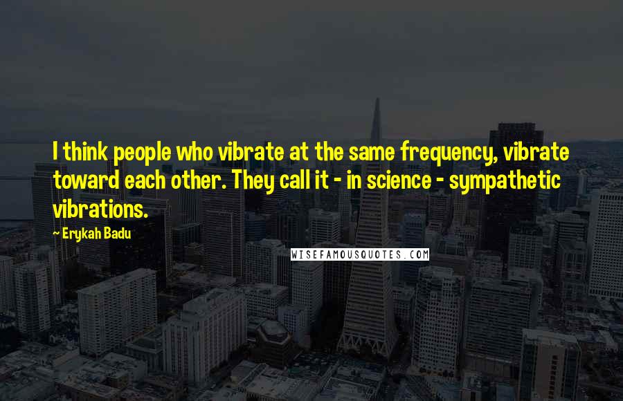 Erykah Badu Quotes: I think people who vibrate at the same frequency, vibrate toward each other. They call it - in science - sympathetic vibrations.