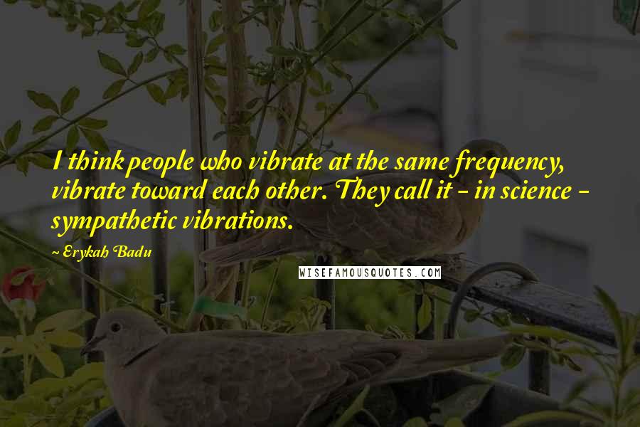 Erykah Badu Quotes: I think people who vibrate at the same frequency, vibrate toward each other. They call it - in science - sympathetic vibrations.