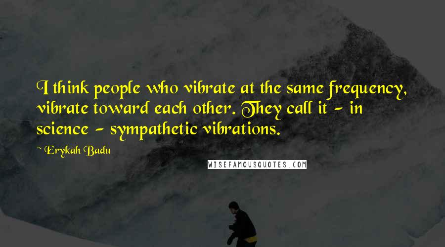 Erykah Badu Quotes: I think people who vibrate at the same frequency, vibrate toward each other. They call it - in science - sympathetic vibrations.