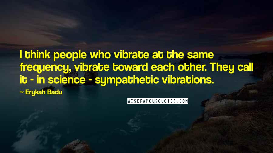 Erykah Badu Quotes: I think people who vibrate at the same frequency, vibrate toward each other. They call it - in science - sympathetic vibrations.