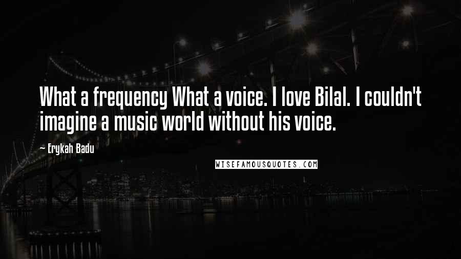 Erykah Badu Quotes: What a frequency What a voice. I love Bilal. I couldn't imagine a music world without his voice.