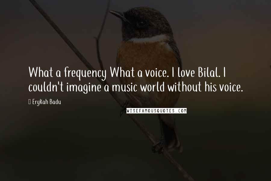 Erykah Badu Quotes: What a frequency What a voice. I love Bilal. I couldn't imagine a music world without his voice.