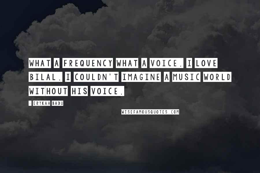 Erykah Badu Quotes: What a frequency What a voice. I love Bilal. I couldn't imagine a music world without his voice.