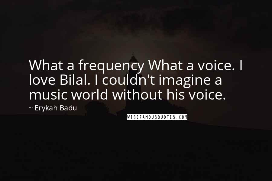 Erykah Badu Quotes: What a frequency What a voice. I love Bilal. I couldn't imagine a music world without his voice.