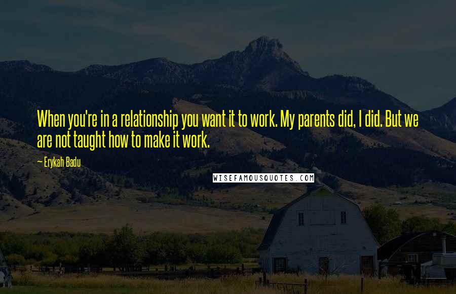 Erykah Badu Quotes: When you're in a relationship you want it to work. My parents did, I did. But we are not taught how to make it work.