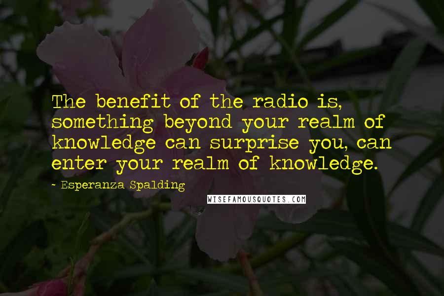 Esperanza Spalding Quotes: The benefit of the radio is, something beyond your realm of knowledge can surprise you, can enter your realm of knowledge.