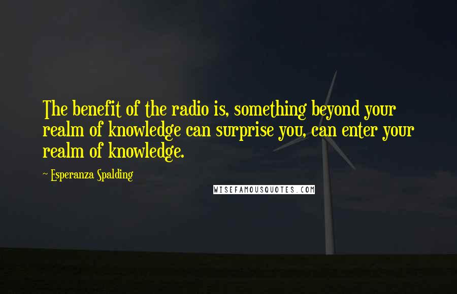 Esperanza Spalding Quotes: The benefit of the radio is, something beyond your realm of knowledge can surprise you, can enter your realm of knowledge.