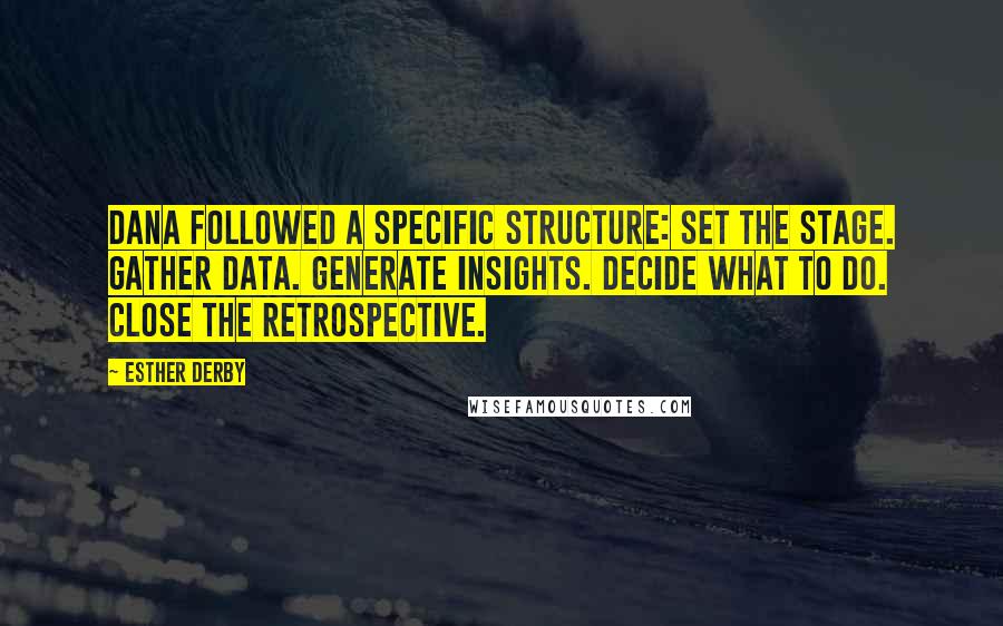 Esther Derby Quotes: Dana followed a specific structure: Set the stage. Gather data. Generate insights. Decide what to do. Close the retrospective.