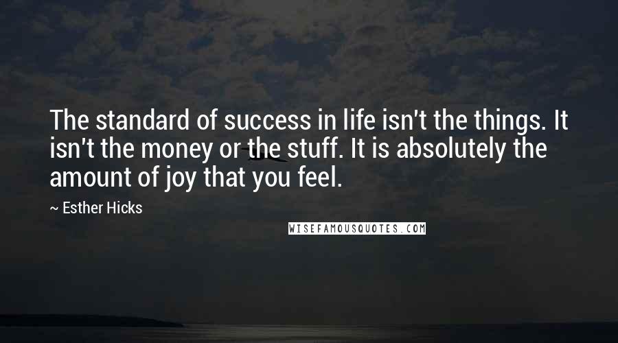 Esther Hicks Quotes: The standard of success in life isn't the things. It isn't the money or the stuff. It is absolutely the amount of joy that you feel.